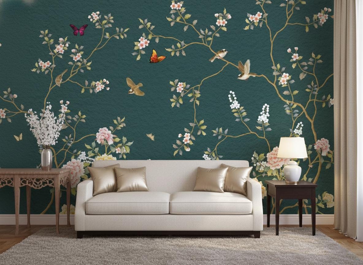 A styled living room featuring a large wall mural with a dark teal background, decorated with delicate gold branches, pink and white blossoms, green leaves, and small birds and butterflies. In front of the wall is a cream-colored sofa with metallic gold pillows, flanked by matching side tables and a lamp.