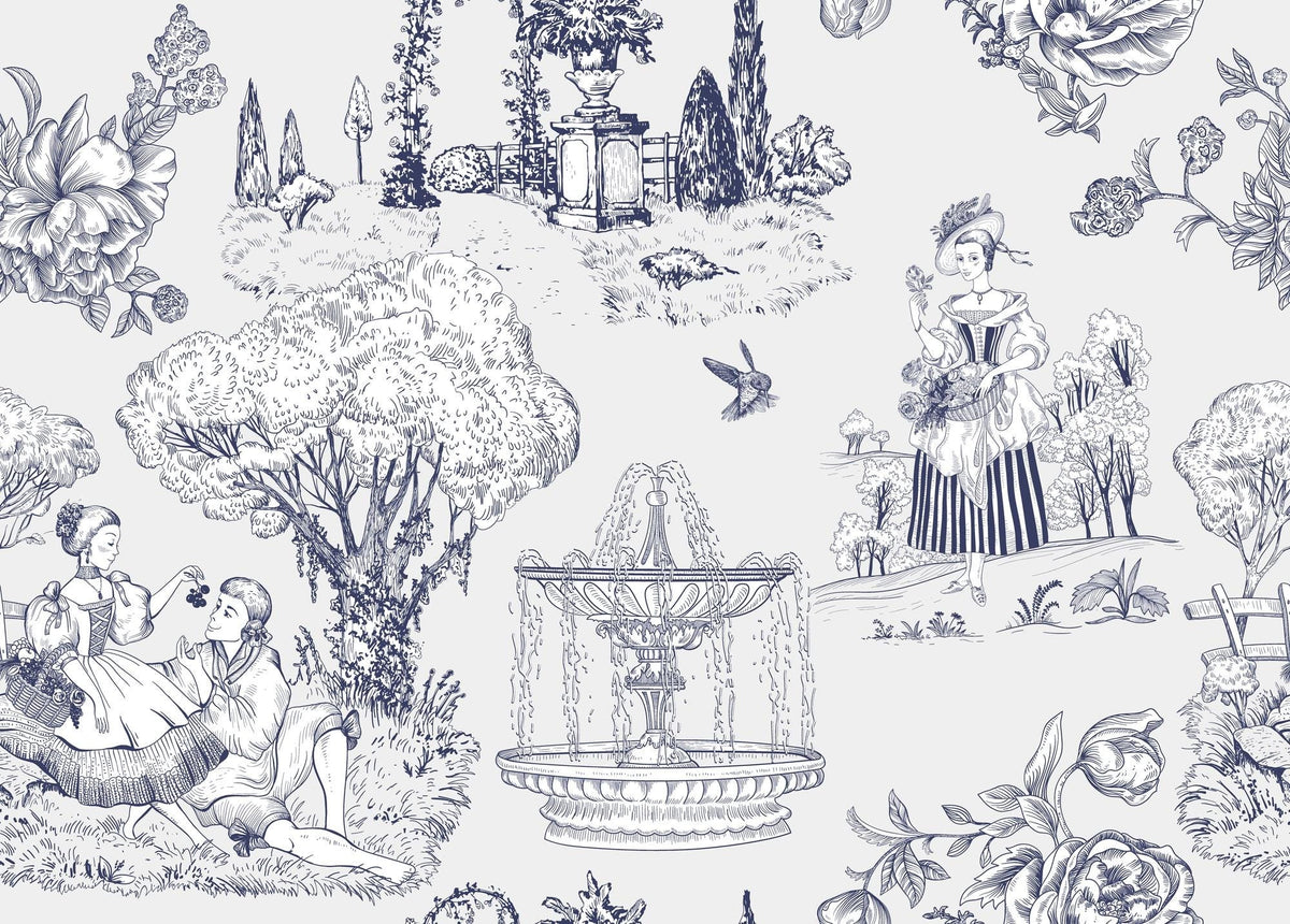 A repeating black and white toile-style pattern featuring classical figures, floral motifs, trees, a fountain, and garden scenes on a light gray background.