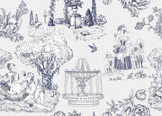 A repeating black and white toile-style pattern featuring classical figures, floral motifs, trees, a fountain, and garden scenes on a light gray background.