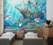 Watercolour Shipwreck and Underwater Treasure Wall Mural – bedroom with twin beds mock-up