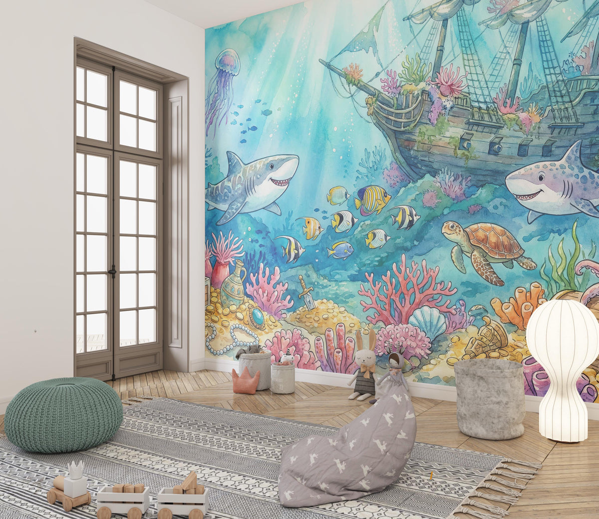 Watercolour Shipwreck and Underwater Treasure Wall Mural – playroom with floor cushions mock-up