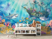 Watercolour Shipwreck and Underwater Treasure Wall Mural – child’s room with a cushioned storage bench mock-up