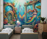 Rainbow Mermaid and Underwater Ruins Wall Mural – bedroom with twin beds mock-up
