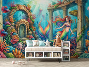 Rainbow Mermaid and Underwater Ruins Wall Mural – child’s room with a cushioned storage bench mock-up