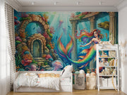 Rainbow Mermaid and Underwater Ruins Wall Mural – child’s bedroom with a bed and bookcase mock-up