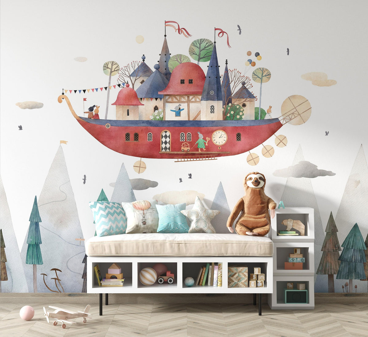 Flying Castle Ship Wall Mural – room illustration 1