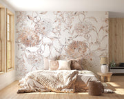 Soft Blush Botanical Linework Wall Mural – bedroom with a pale upholstered bed mock-up
