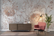 Soft Blush Botanical Linework Wall Mural – interior with a dark sideboard and pink chair mock-up