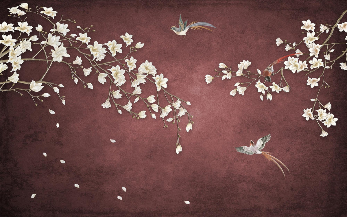 Decorative design of white flowers and birds on a brown background