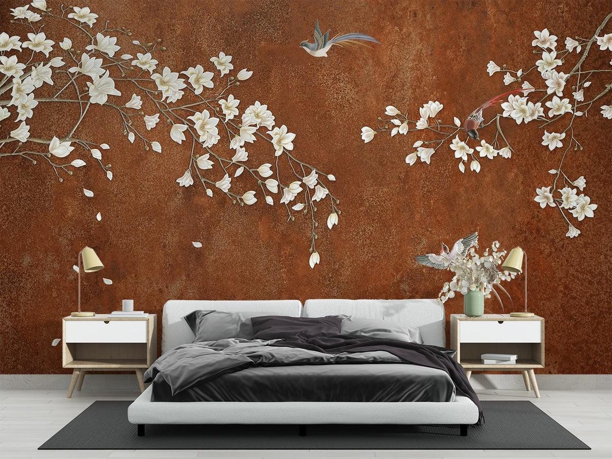 Rust orange Chinoiserie wall mural with magnolia blossoms and botanical branches