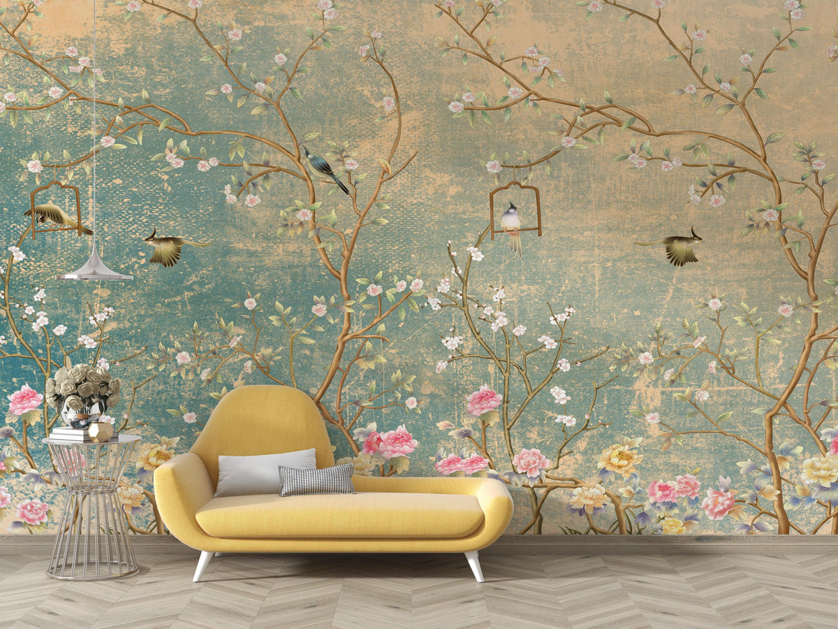 Teal Chinoiserie garden wall mural with blossoms, peonies, birds and birdcages