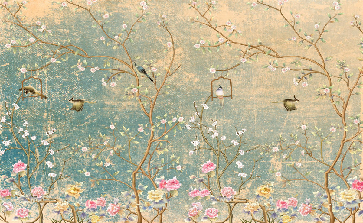 Decorative wallpaper with floral branches and birds on a textured background
