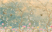 Decorative wallpaper with floral branches and birds on a textured background