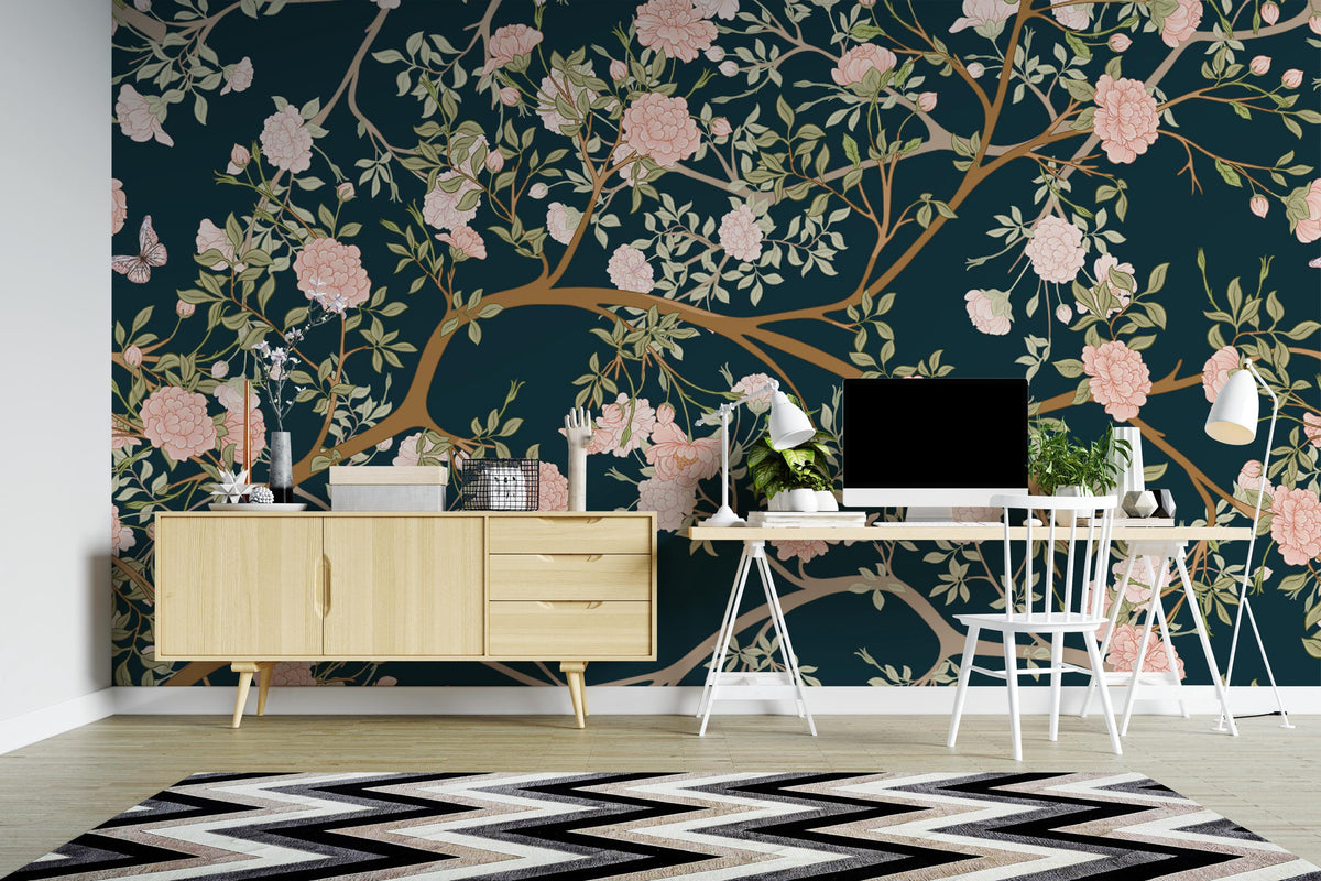 Dark Teal Pink Blossom and Butterfly Wall Mural – home office with a white desk mock-up