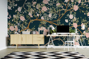 Dark Teal Pink Blossom and Butterfly Wall Mural – home office with a white desk mock-up