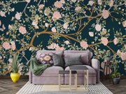 Dark Teal Pink Blossom and Butterfly Wall Mural – grey sofa mock-up