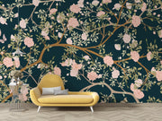 Dark Teal Pink Blossom and Butterfly Wall Mural – yellow sofa mock-up