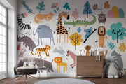 Scandi Animal Gathering Wall Mural – nursery with a chest of drawers mock-up