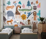 Scandi Animal Gathering Wall Mural – bedroom with twin beds mock-up