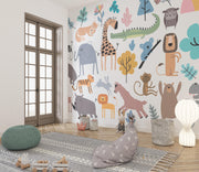 Scandi Animal Gathering Wall Mural – playroom with floor cushions mock-up