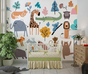 Scandi Animal Gathering Wall Mural – nursery with a cot mock-up
