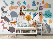 Scandi Animal Gathering Wall Mural – playroom with a storage bench mock-up