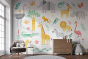 White Safari Animal Pattern Wall Mural – nursery with a chest of drawers mock-up