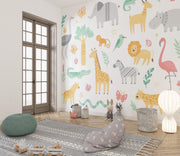 White Safari Animal Pattern Wall Mural – playroom with floor cushions mock-up