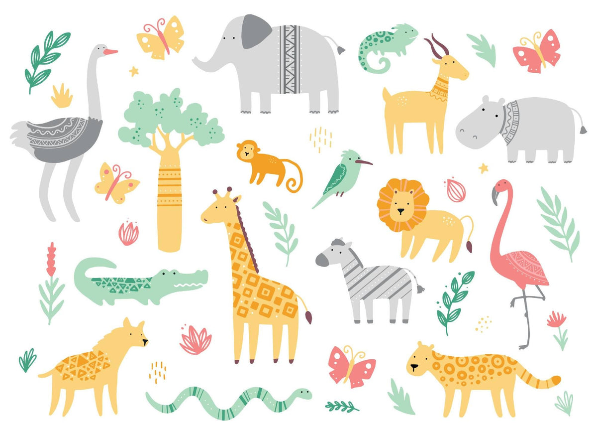 White Safari Animal Pattern Wall Mural – clean safari animal pattern artwork
