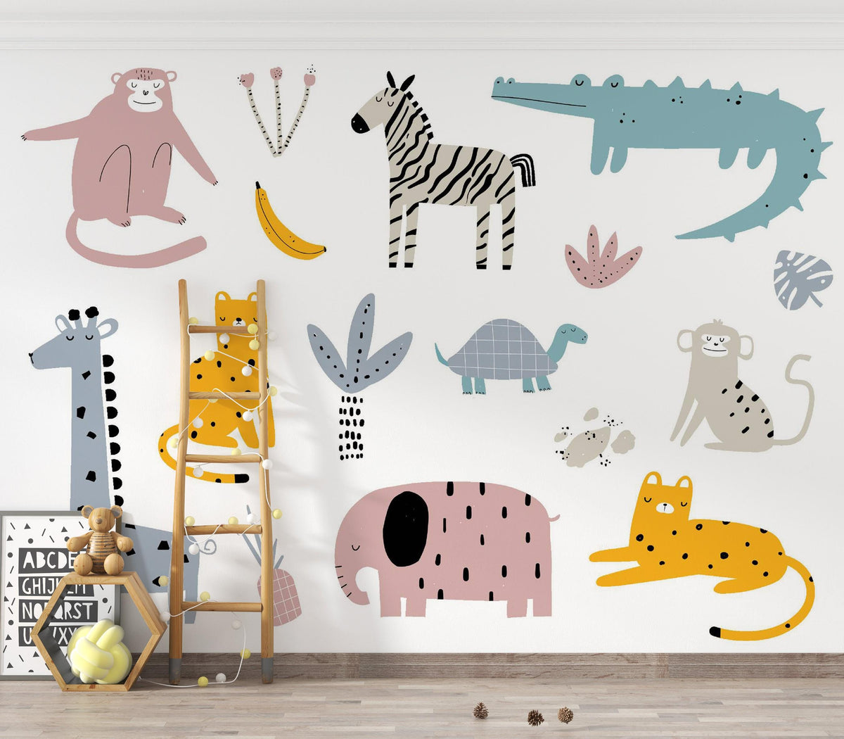 Blush and Mustard Scandi Safari Wall Mural – playroom with a wooden ladder mock-up