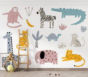 Blush and Mustard Scandi Safari Wall Mural – playroom with a wooden ladder mock-up