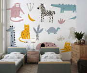 Blush and Mustard Scandi Safari Wall Mural – bedroom with twin beds mock-up