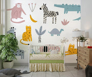 Blush and Mustard Scandi Safari Wall Mural – nursery with a cot mock-up