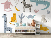Blush and Mustard Scandi Safari Wall Mural – playroom with a storage bench mock-up