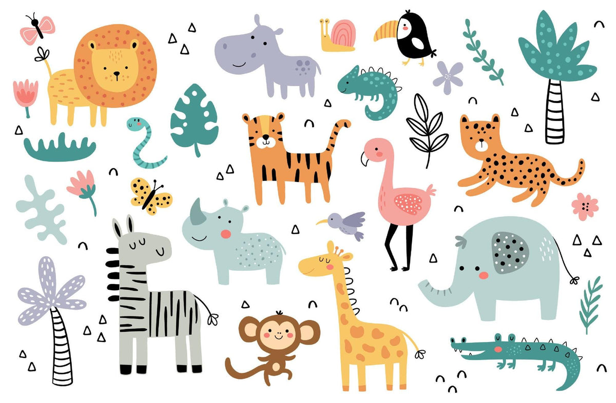 Teal and Coral Jungle Friends Wall Mural – clean jungle friends artwork