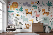 Teal and Coral Jungle Friends Wall Mural – nursery with a chest of drawers mock-up