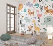 Teal and Coral Jungle Friends Wall Mural – playroom with floor cushions mock-up