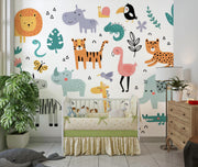 Teal and Coral Jungle Friends Wall Mural – nursery with a cot mock-up