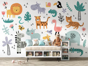 Teal and Coral Jungle Friends Wall Mural – playroom with a storage bench mock-up