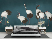 Teal Red-Crowned Crane Wall Mural – bedroom with a low bed and dark grey bedding mock-up