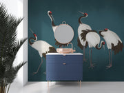 Teal Red-Crowned Crane Wall Mural – blue sideboard and round mirror mock-up