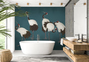 Teal Red-Crowned Crane Wall Mural – bathroom with a freestanding bath mock-up