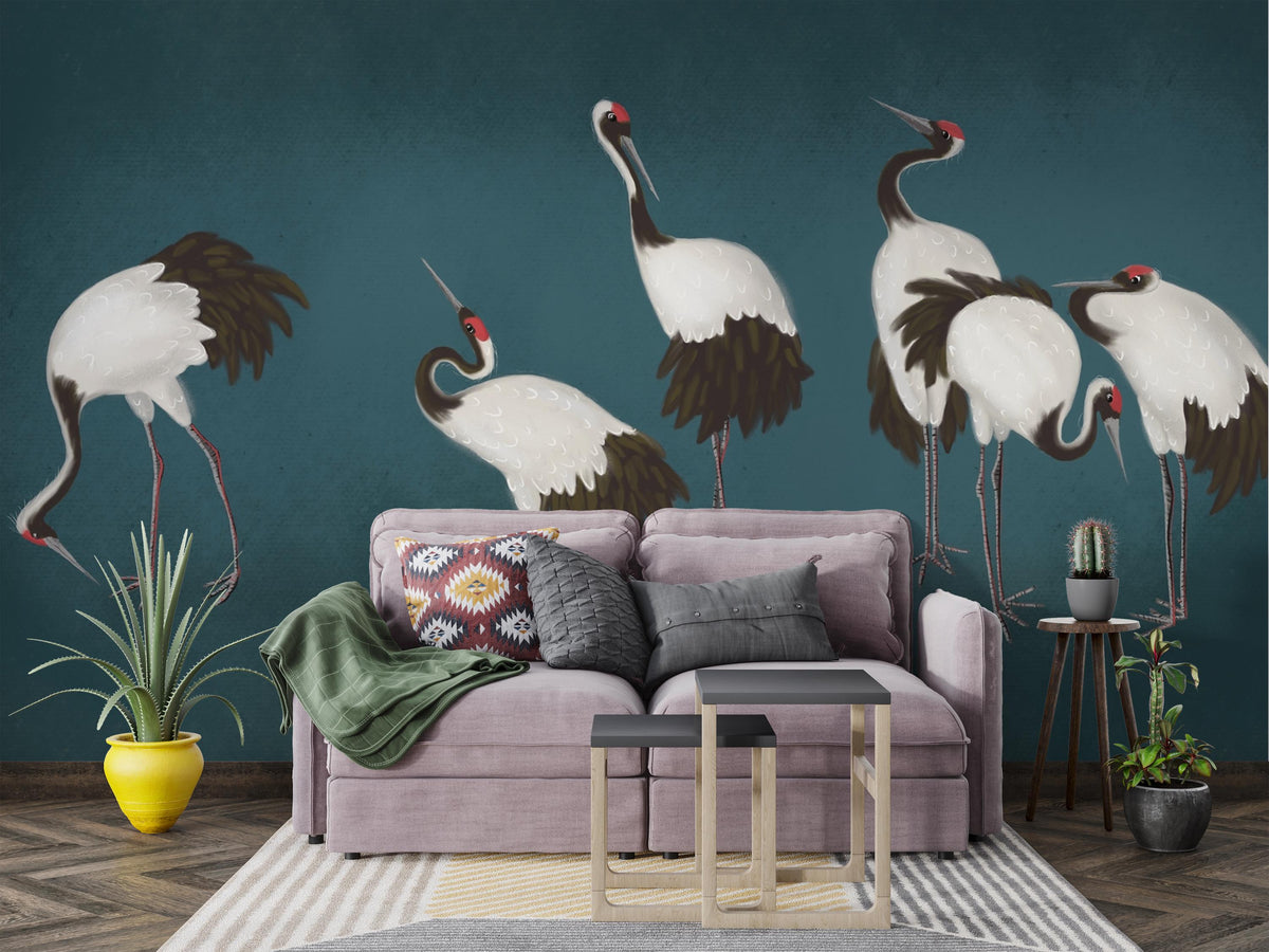 Teal Red-Crowned Crane Wall Mural – grey sofa mock-up