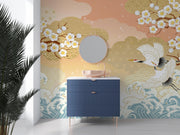 Peach Blossom and Crane Wave Wall Mural – blue sideboard and round mirror mock-up