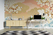 Peach Blossom and Crane Wave Wall Mural – home office with a white desk and chequered floor mock-up
