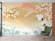 Peach Blossom and Crane Wave Wall Mural – green chair mock-up