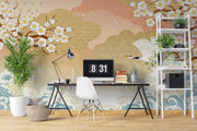 Peach Blossom and Crane Wave Wall Mural – study with a desk and white shelving mock-up