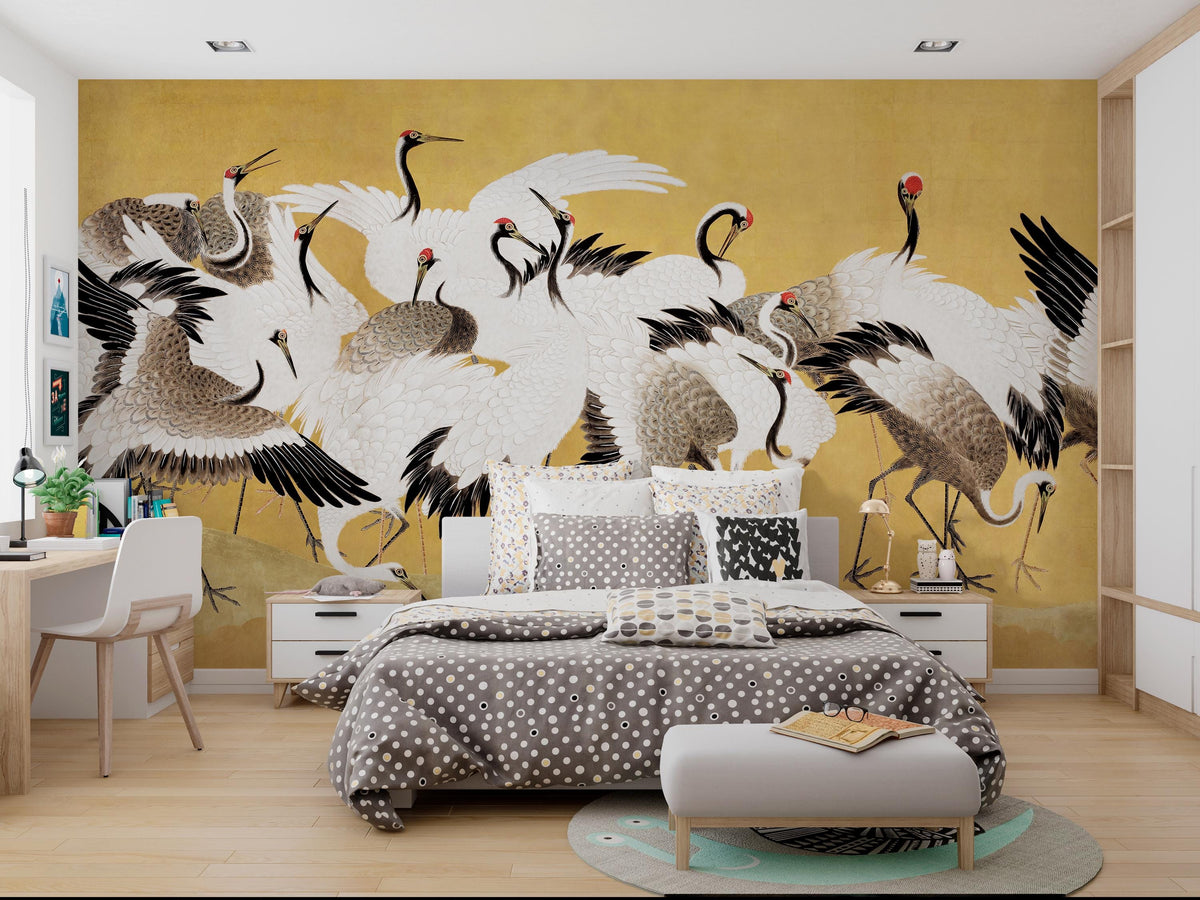 Cranes on Gold-Effect Background Wall Mural – bedroom with patterned bedding mock-up