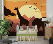 Golden Safari Sunset Silhouette Wall Mural – nursery with a cot mock-up