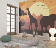 Golden Safari Sunset Silhouette Wall Mural – playroom with floor cushions mock-up
